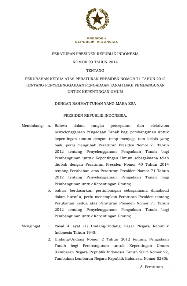 Peraturan Presiden Nomor 99 Tahun 2014