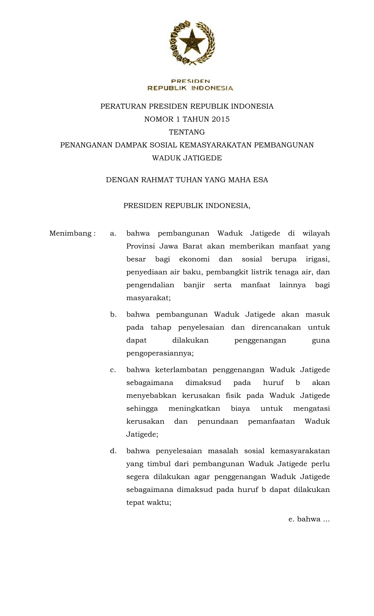 Peraturan Presiden Nomor 1 Tahun 2015