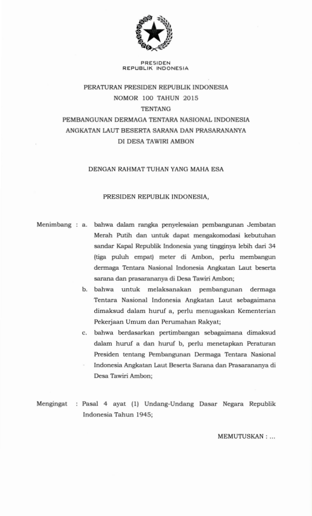 Peraturan Presiden Nomor 100 Tahun 2015