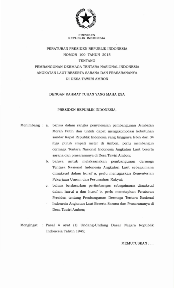 Peraturan Presiden Nomor 100 Tahun 2015