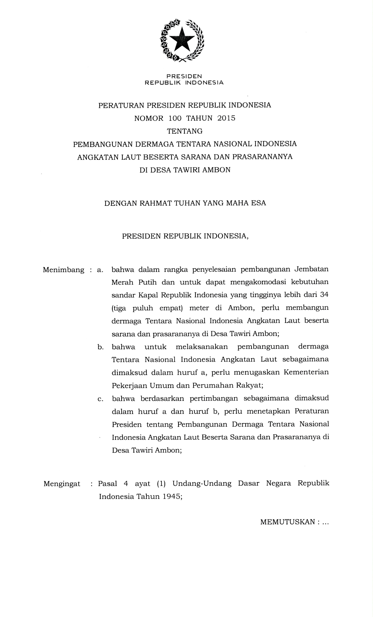 Peraturan Presiden Nomor 100 Tahun 2015