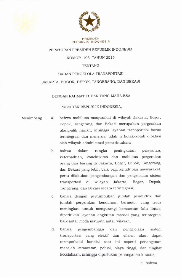 Peraturan Presiden Nomor 103 Tahun 2015