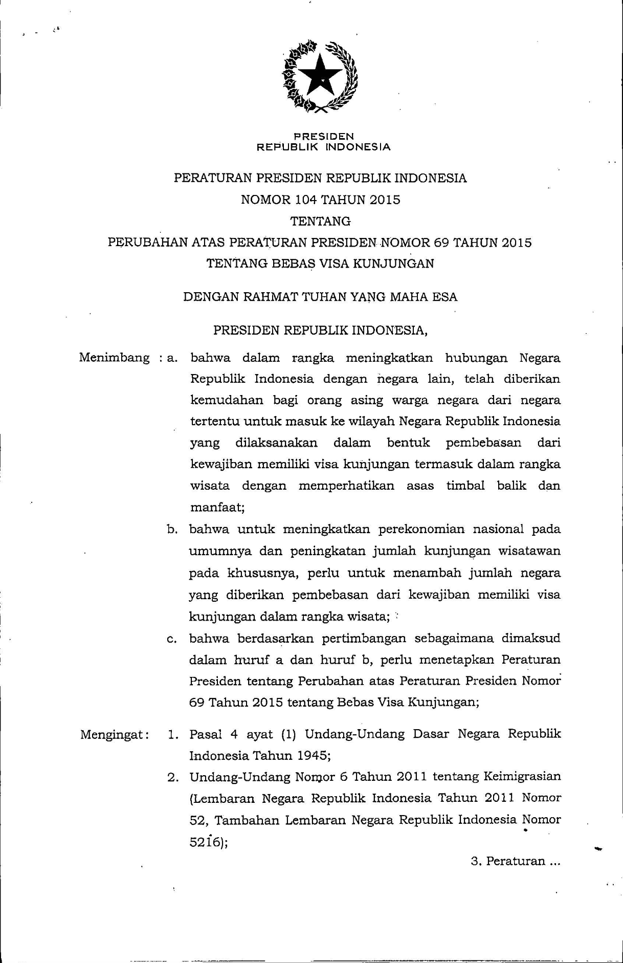 Peraturan Presiden Nomor 104 Tahun 2015