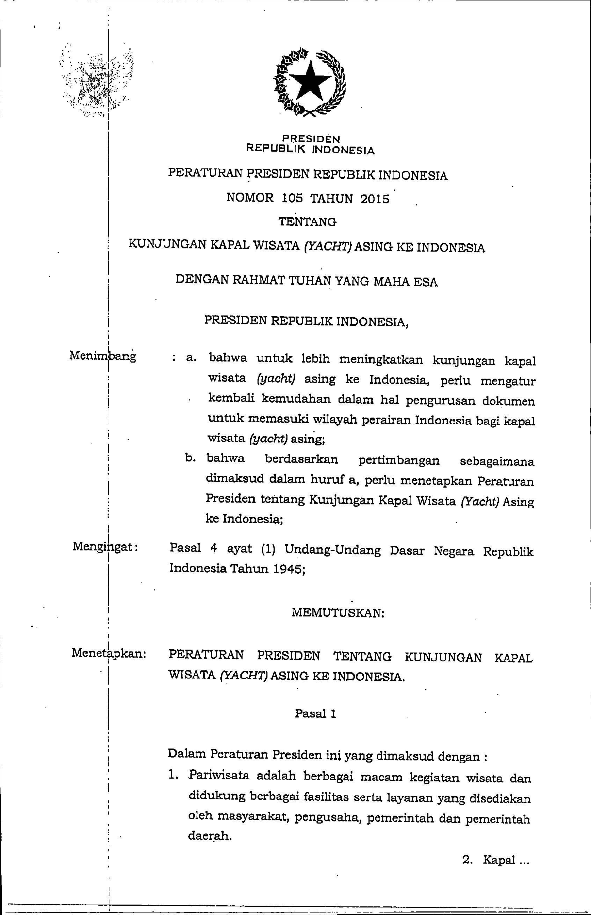 Peraturan Presiden Nomor 105 Tahun 2015