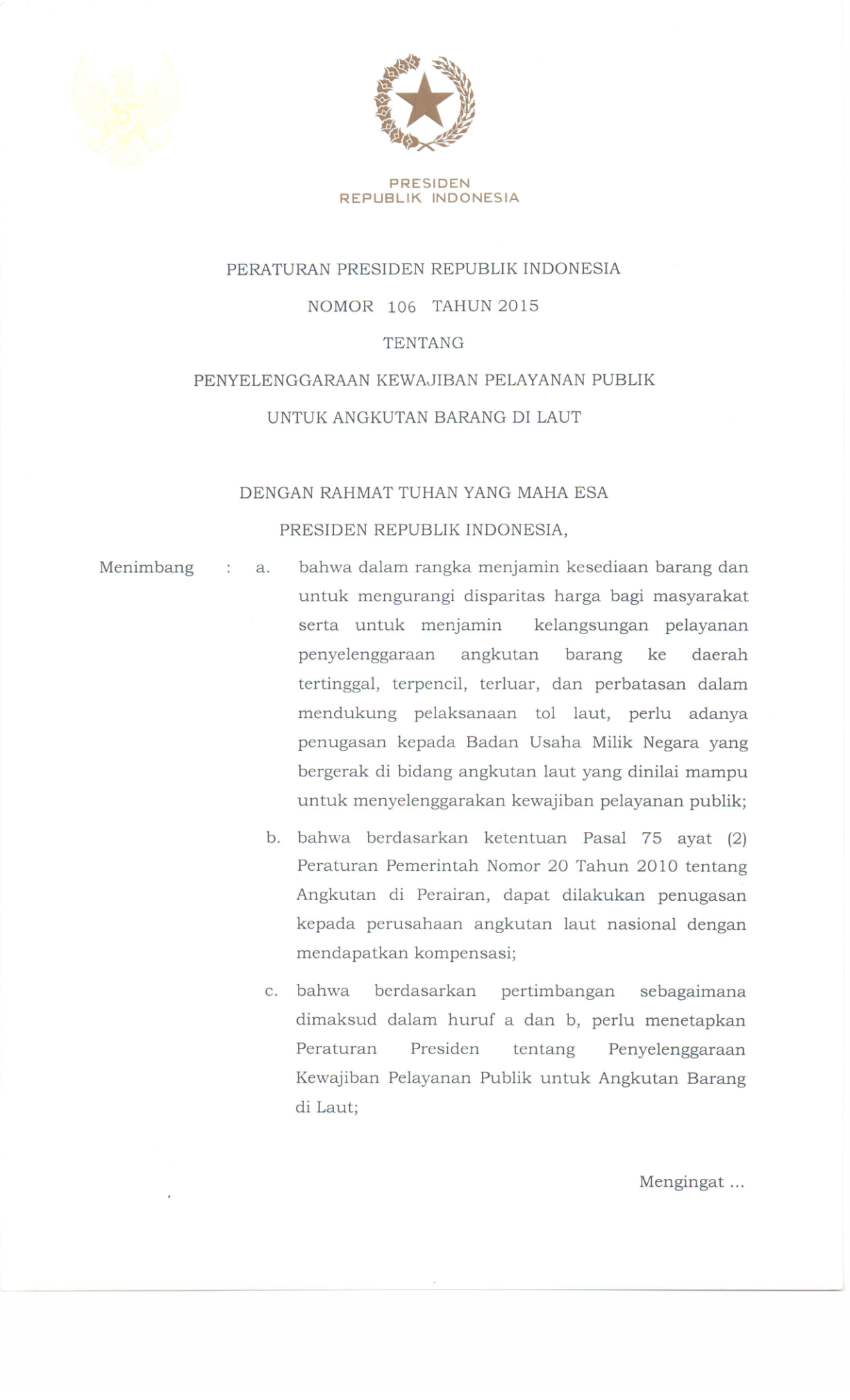 Peraturan Presiden Nomor 106 Tahun 2015