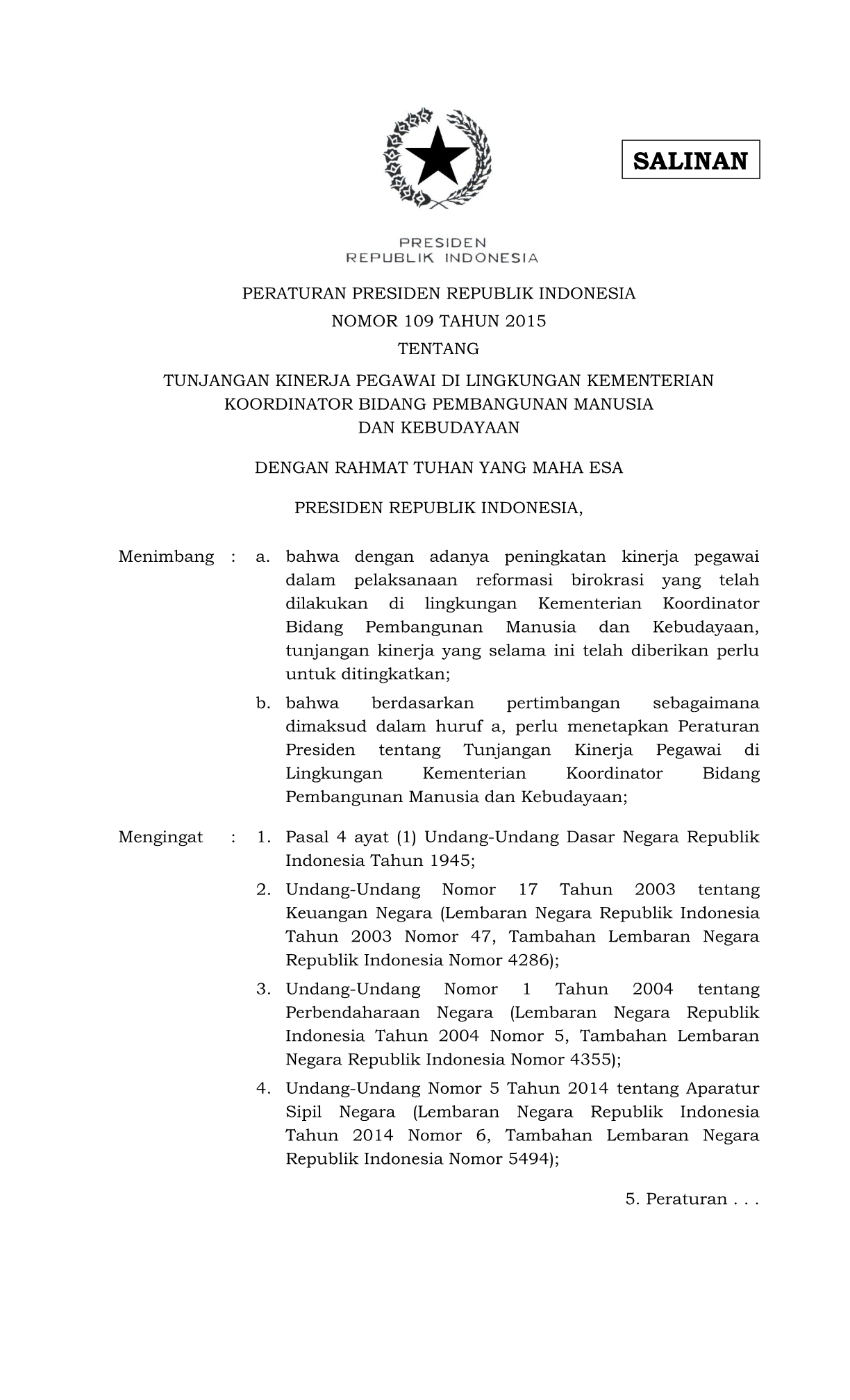 Peraturan Presiden Nomor 109 Tahun 2015