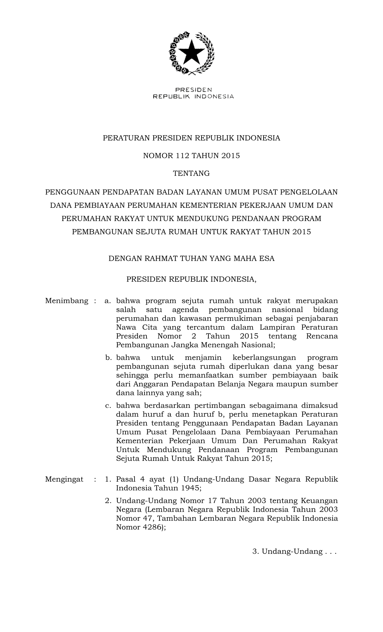 Peraturan Presiden Nomor 112 Tahun 2015