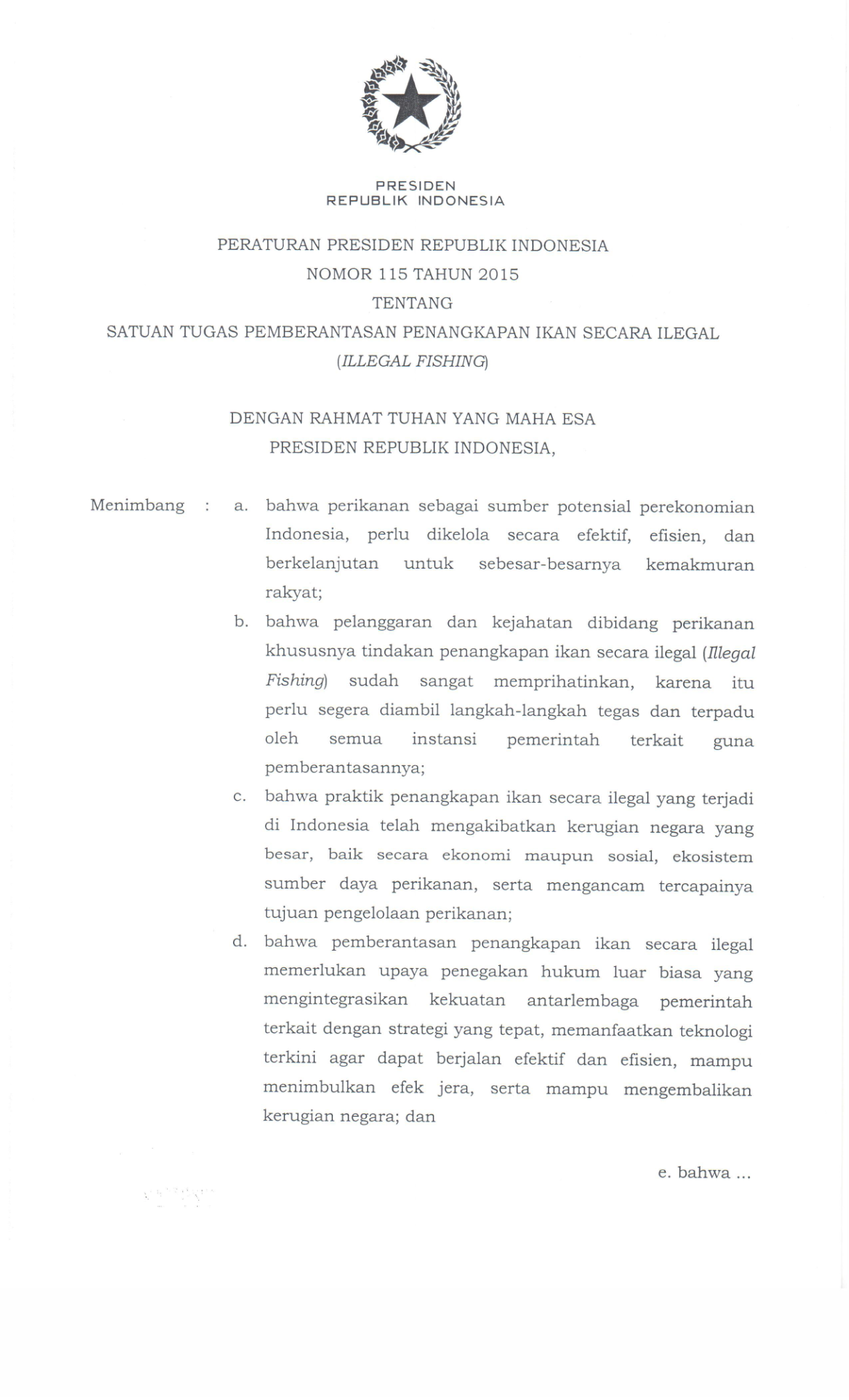 Peraturan Presiden Nomor 115 Tahun 2015