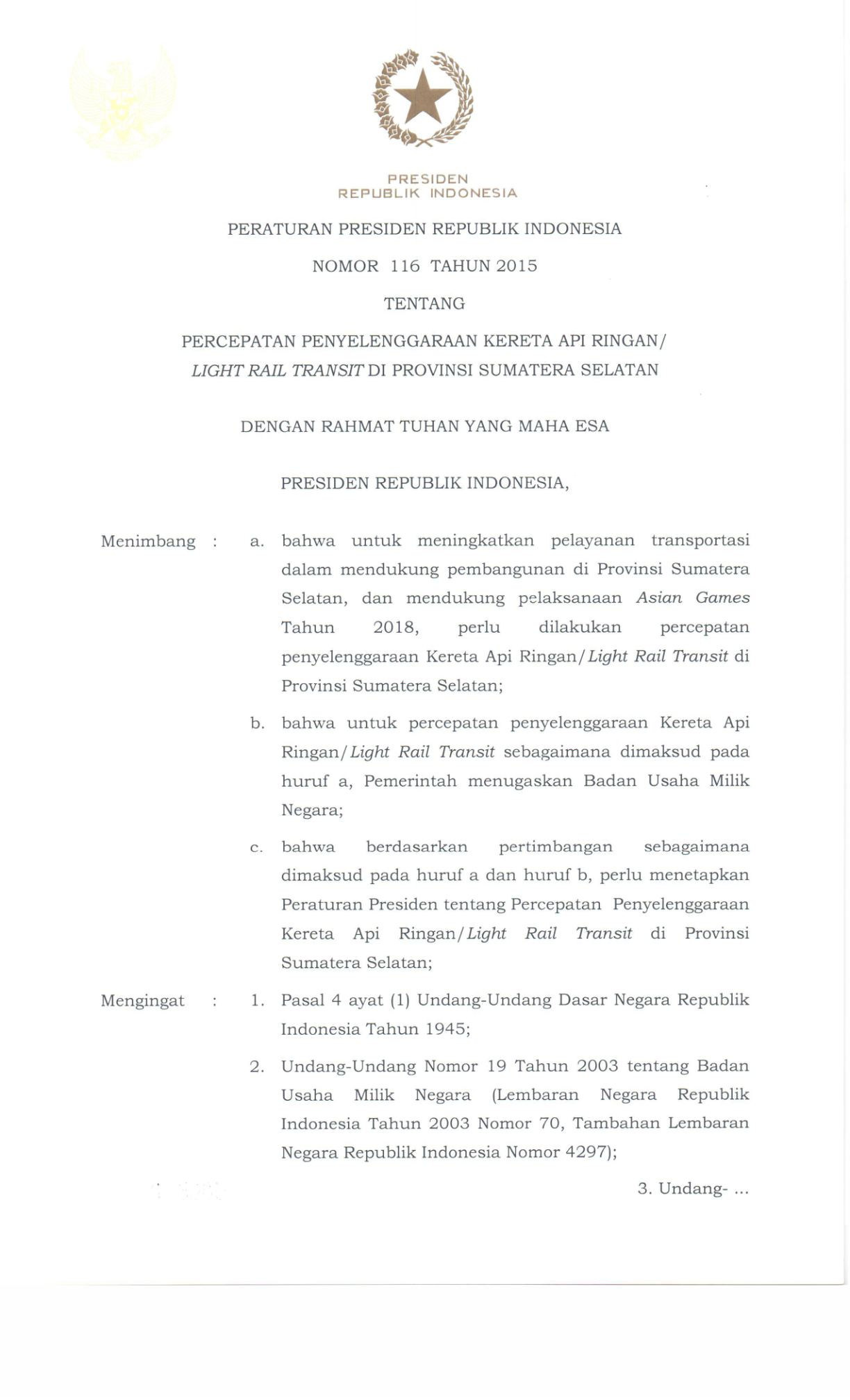 Peraturan Presiden Nomor 116 Tahun 2015