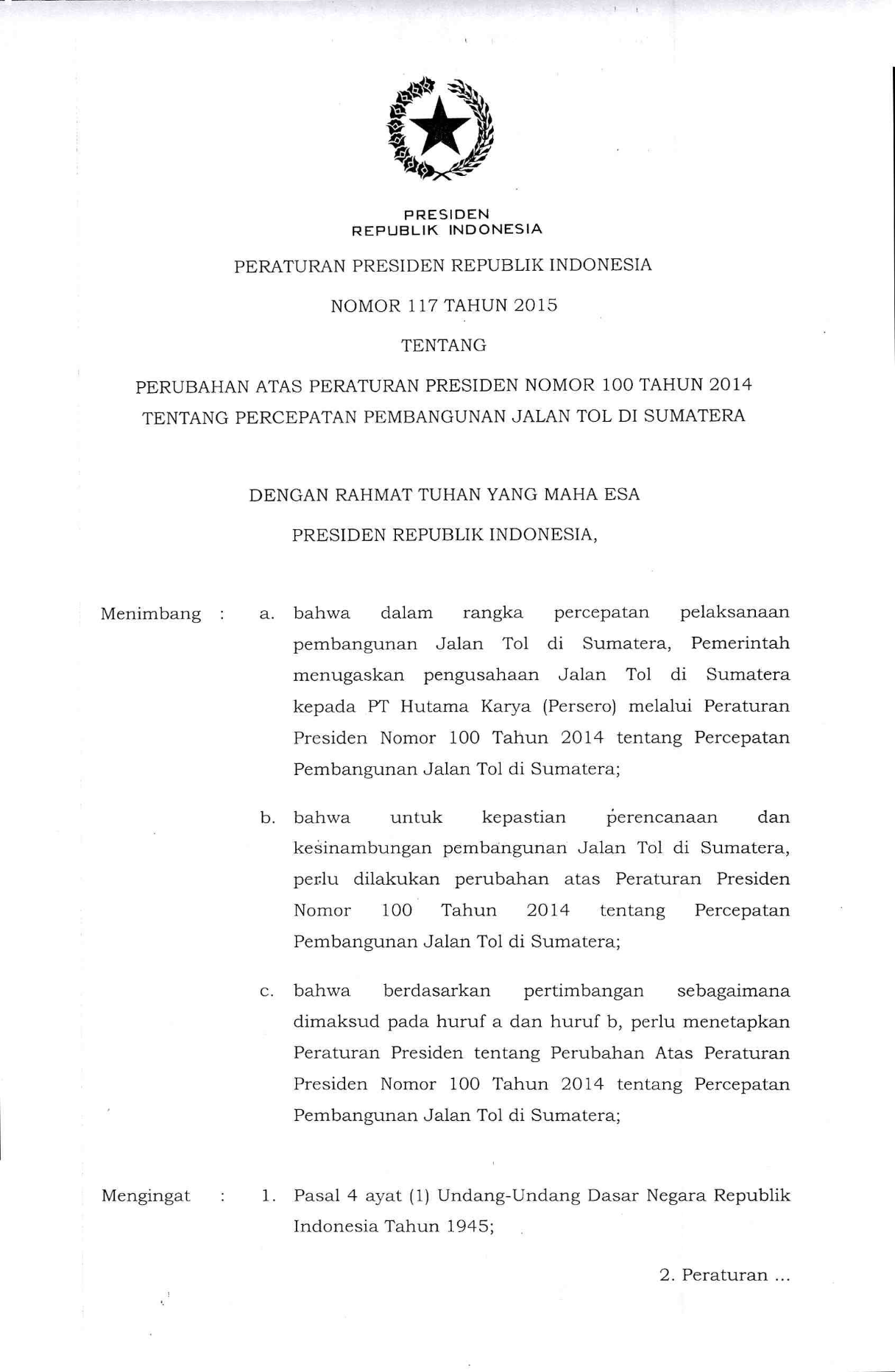 Peraturan Presiden Nomor 117 Tahun 2015