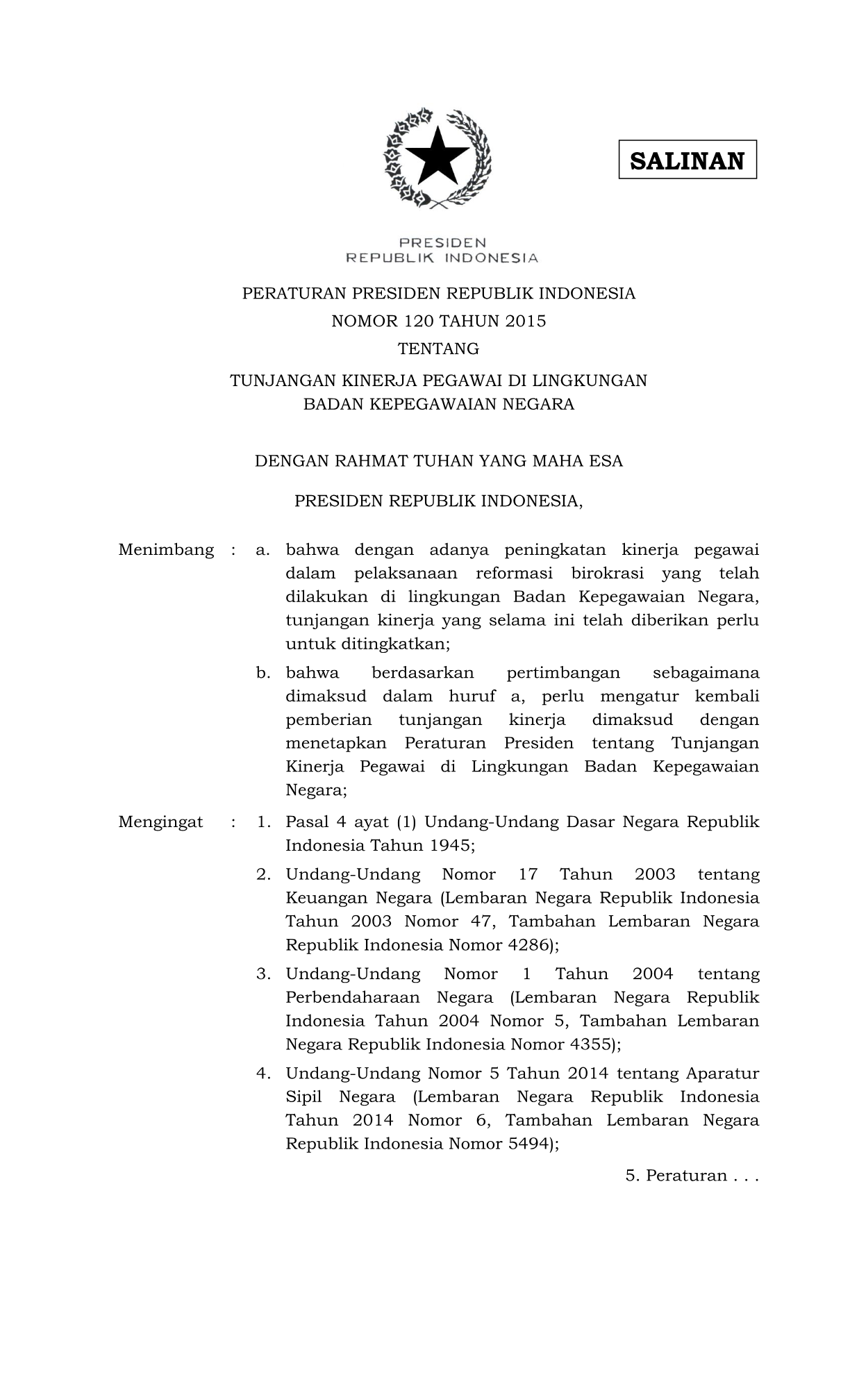Peraturan Presiden Nomor 120 Tahun 2015