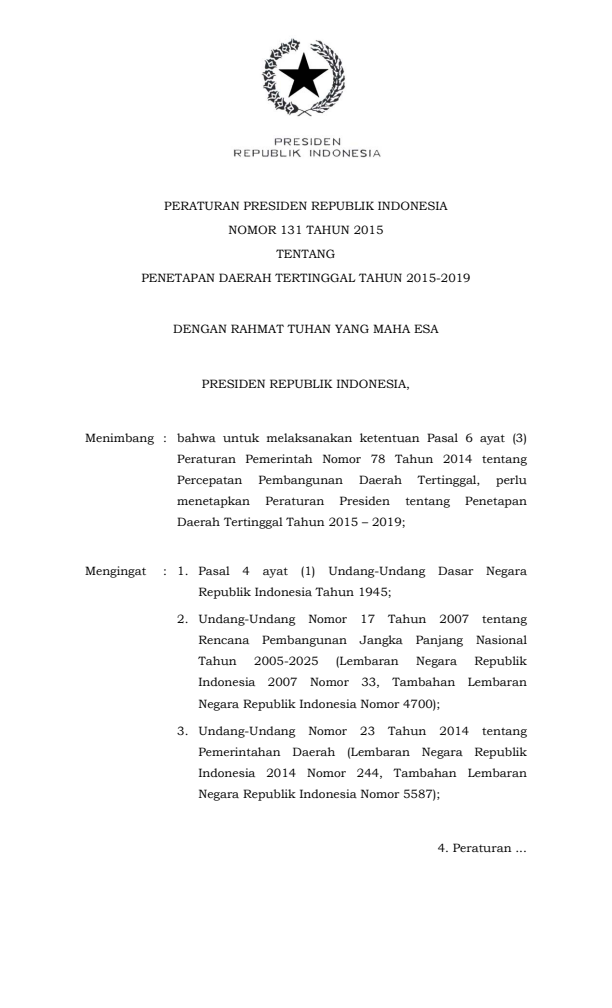 Peraturan Presiden Nomor 131 Tahun 2015