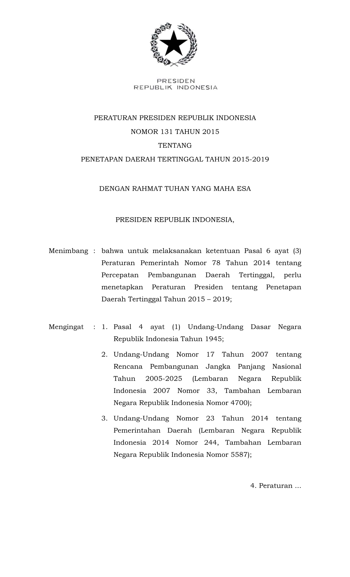 Peraturan Presiden Nomor 131 Tahun 2015