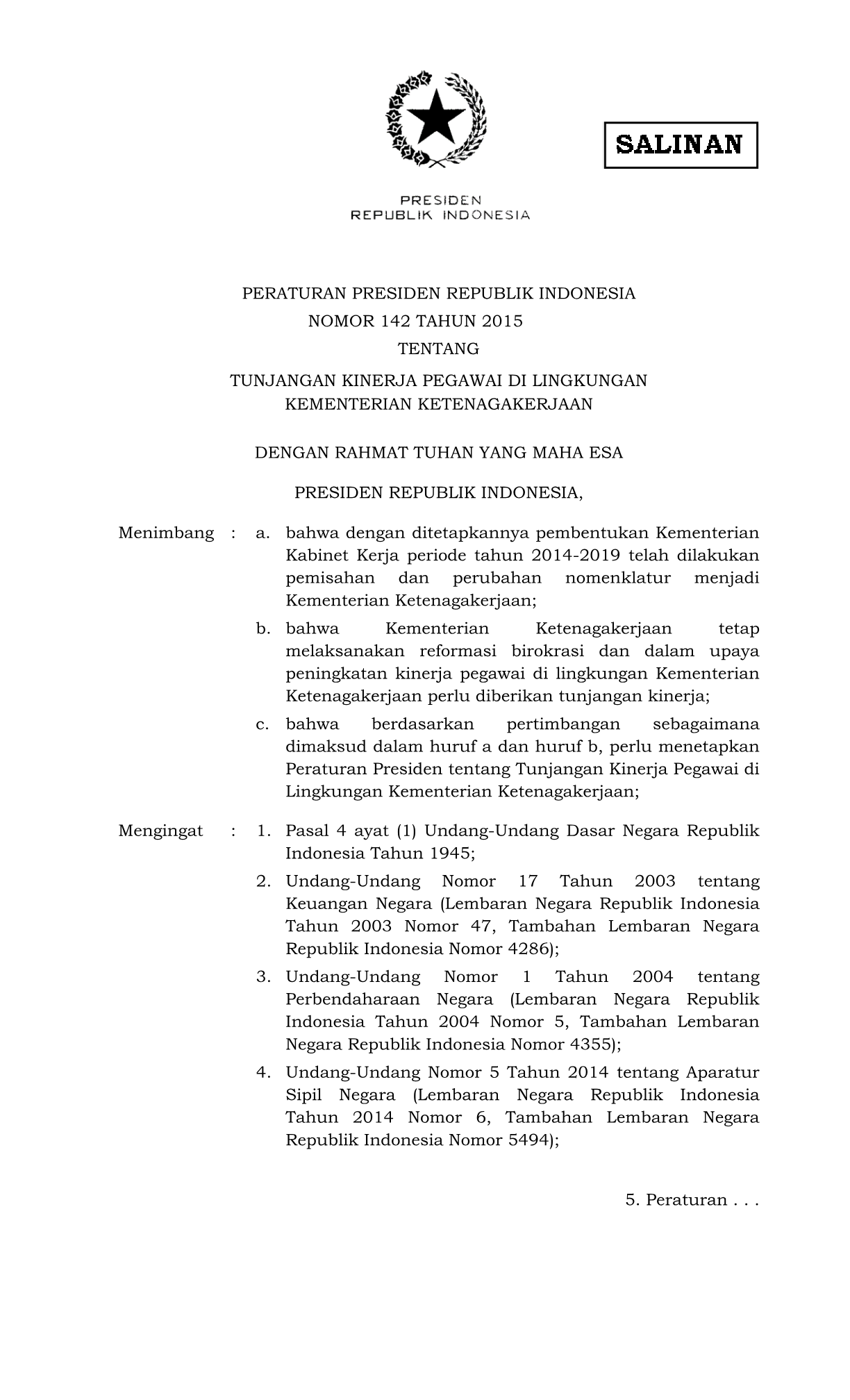 Peraturan Presiden Nomor 142 Tahun 2015