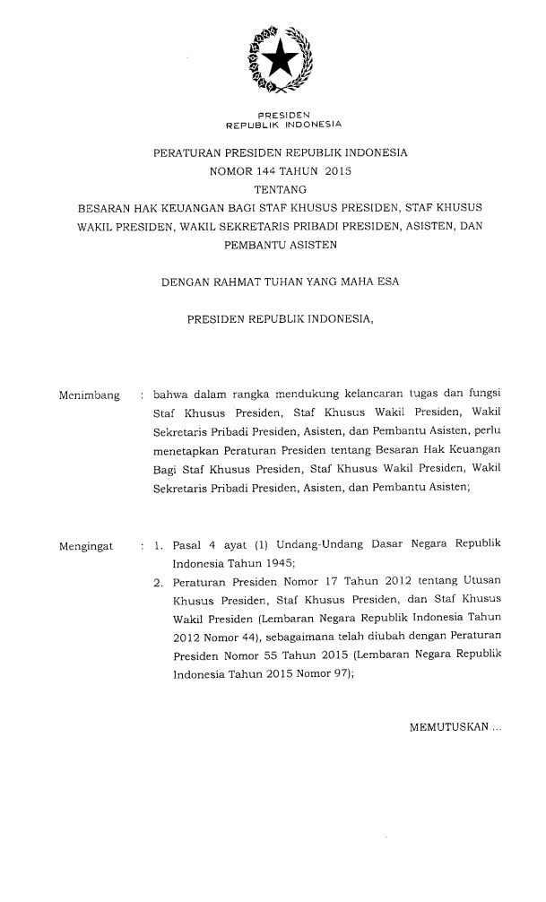 Peraturan Presiden Nomor 144 Tahun 2015