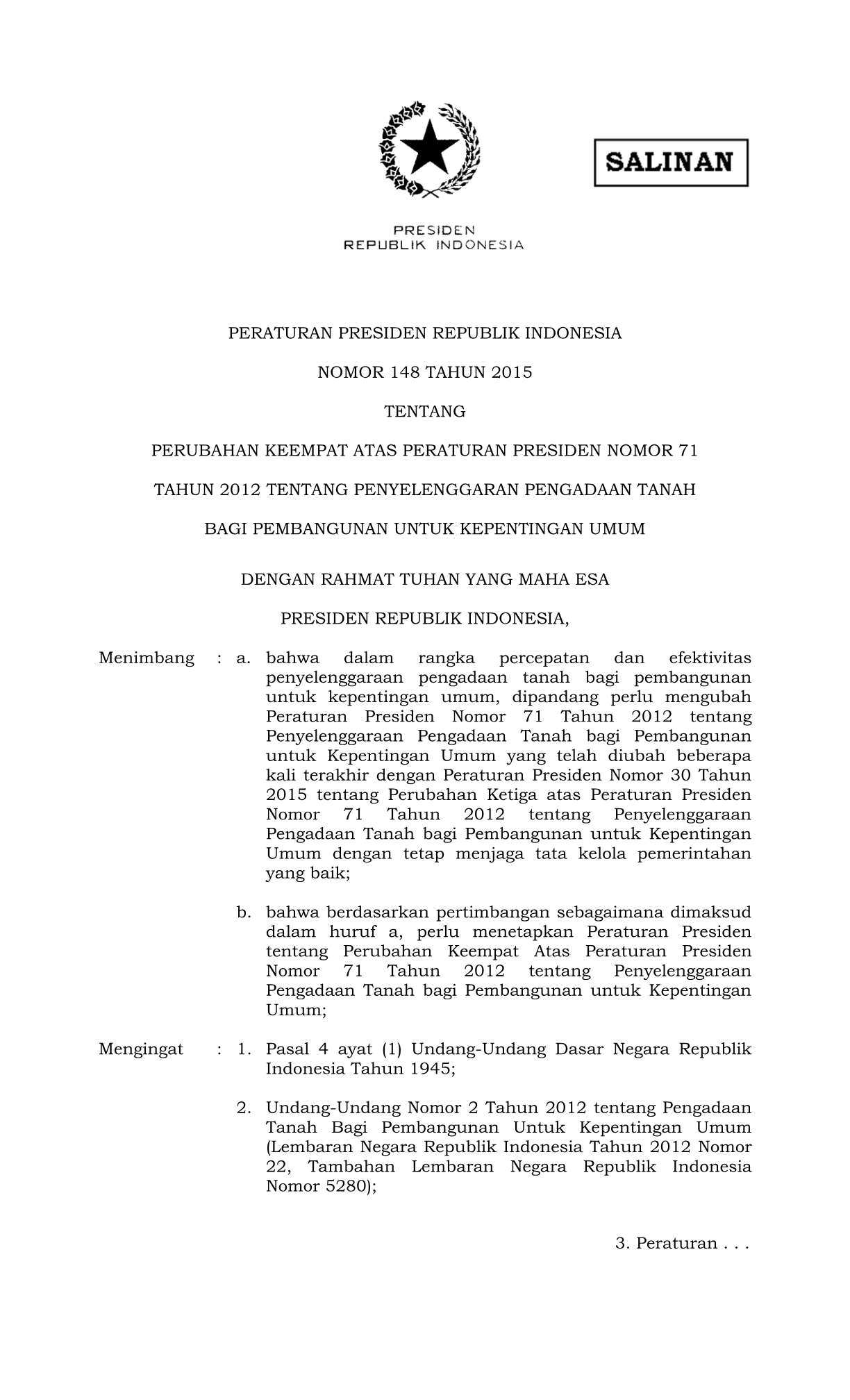 Peraturan Presiden Nomor 148 Tahun 2015