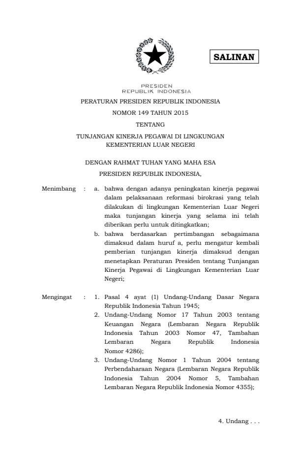 Peraturan Presiden Nomor 149 Tahun 2015