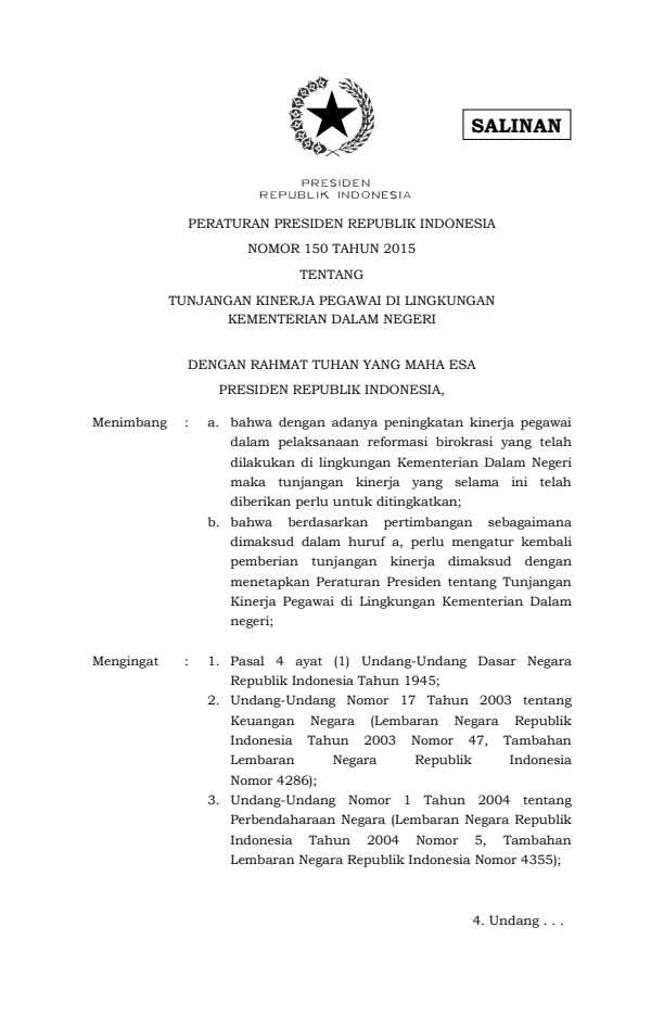 Peraturan Presiden Nomor 150 Tahun 2015