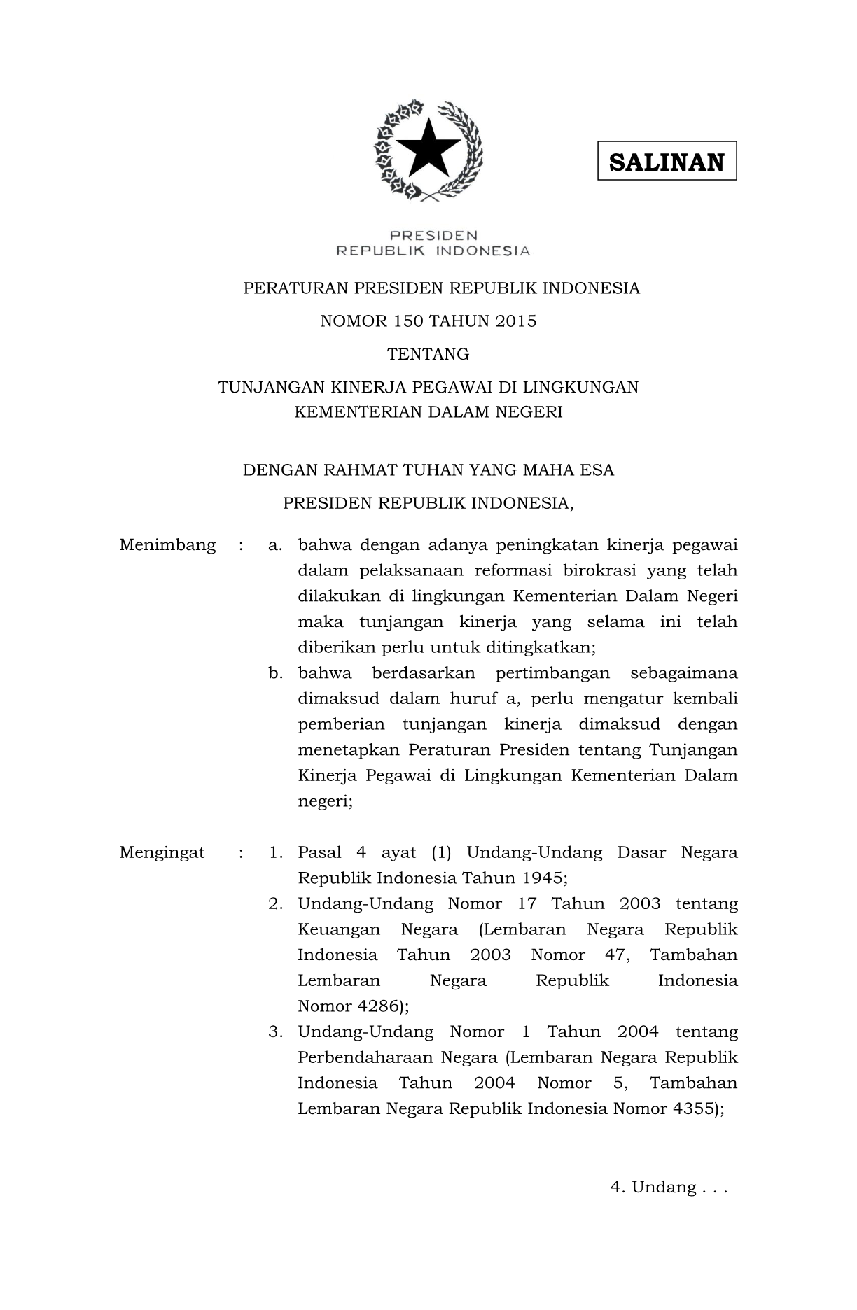 Peraturan Presiden Nomor 150 Tahun 2015