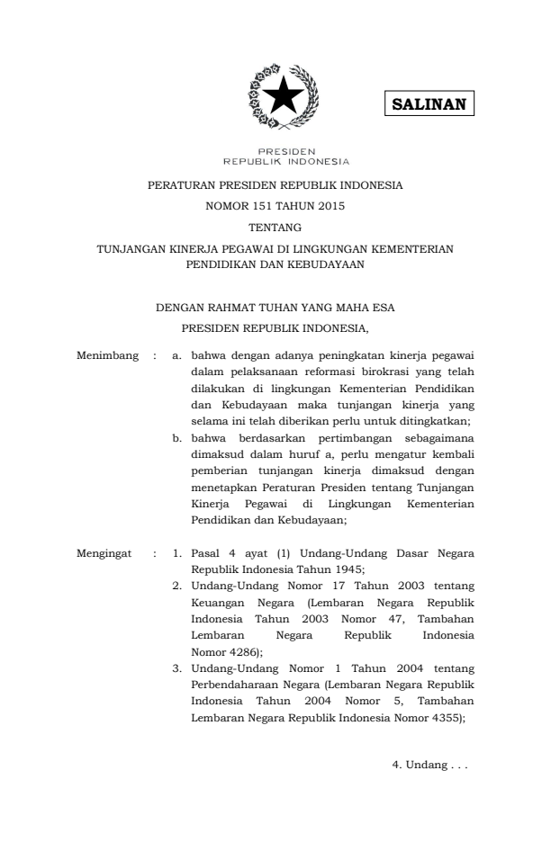 Peraturan Presiden Nomor 151 Tahun 2015