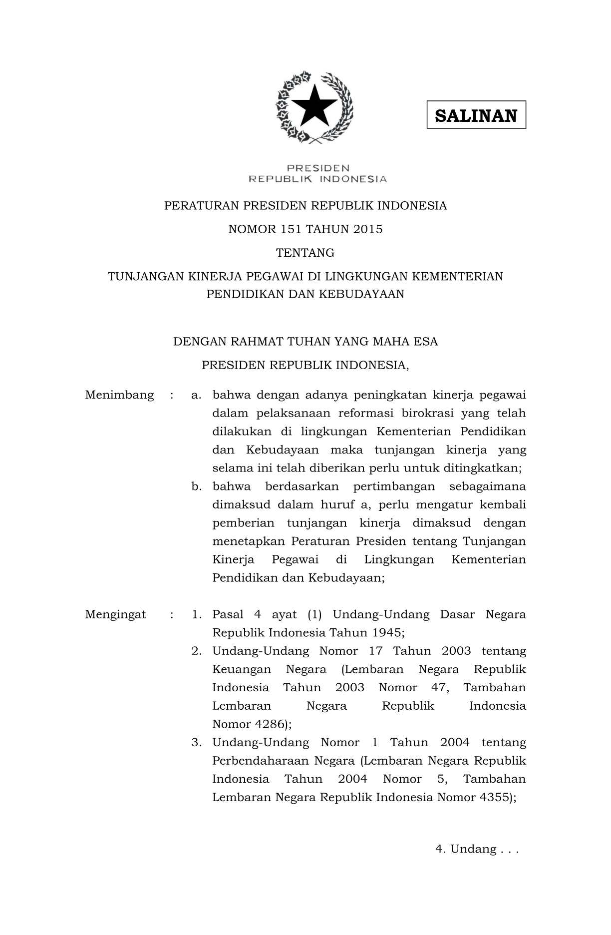 Peraturan Presiden Nomor 151 Tahun 2015