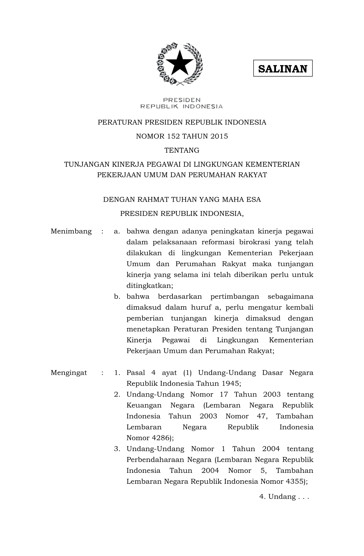 Peraturan Presiden Nomor 152 Tahun 2015