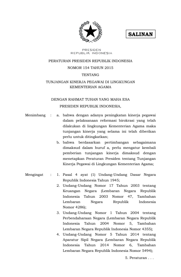 Peraturan Presiden Nomor 154 Tahun 2015
