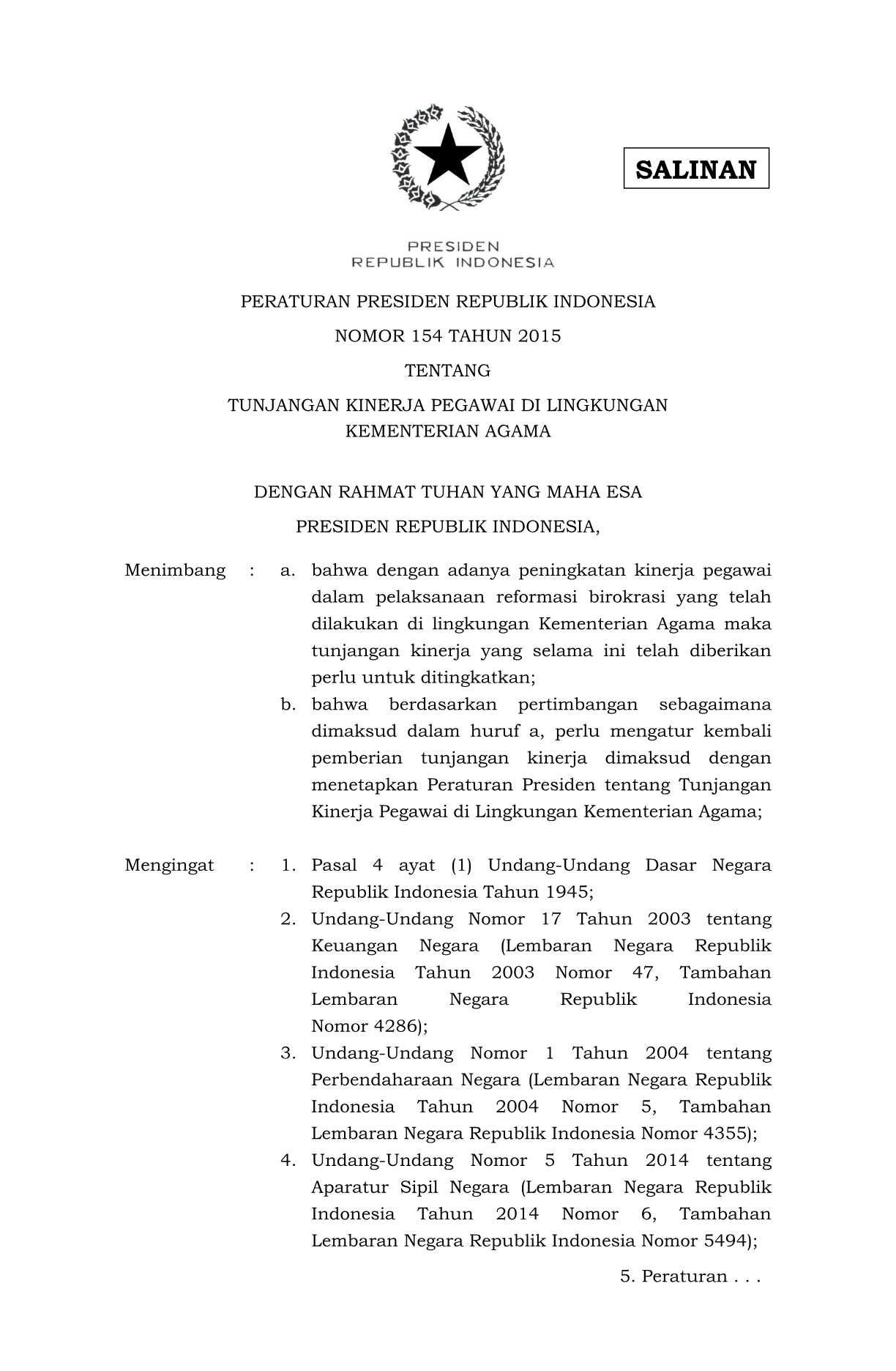 Peraturan Presiden Nomor 154 Tahun 2015