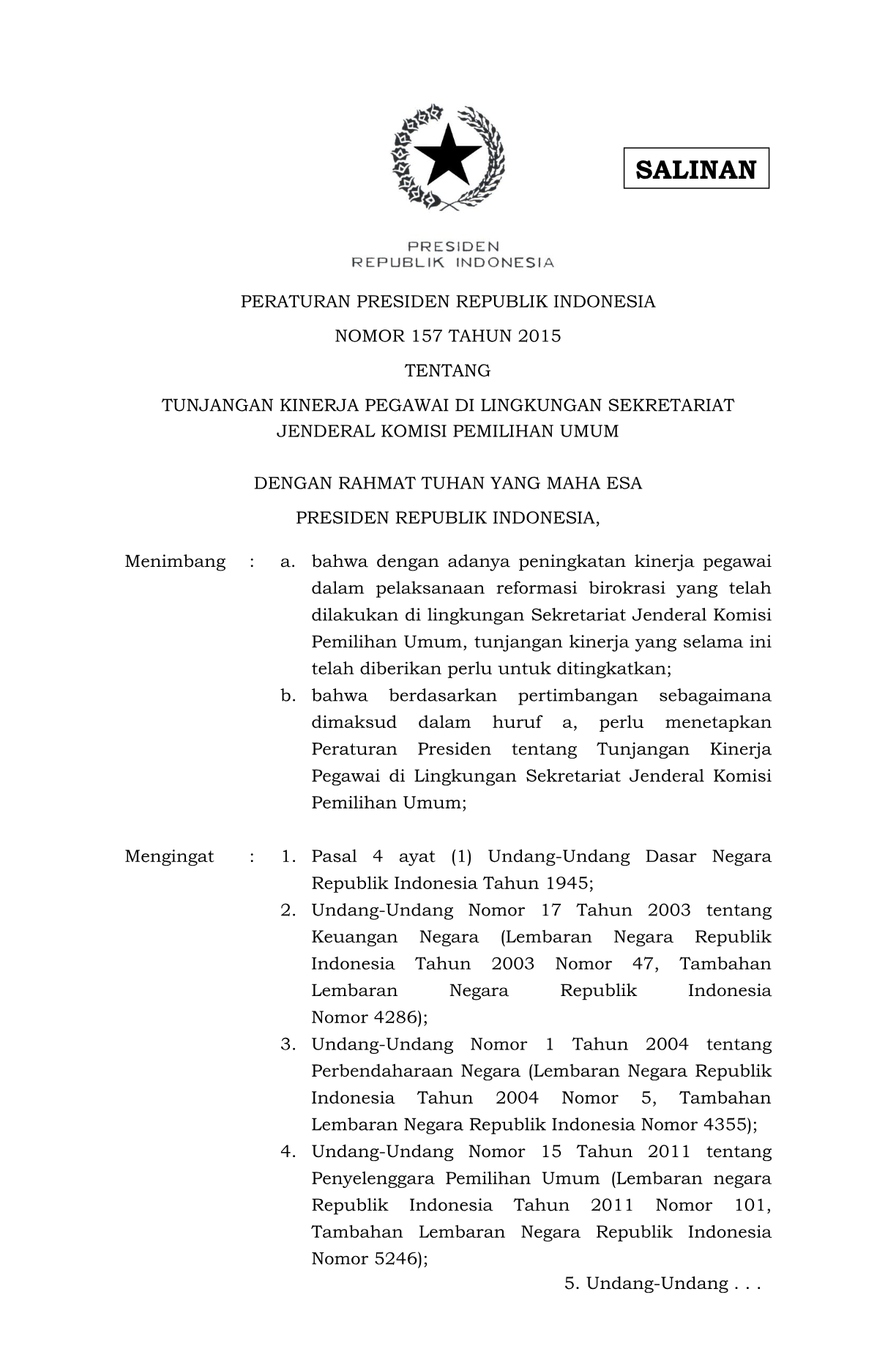 Peraturan Presiden Nomor 157 Tahun 2015