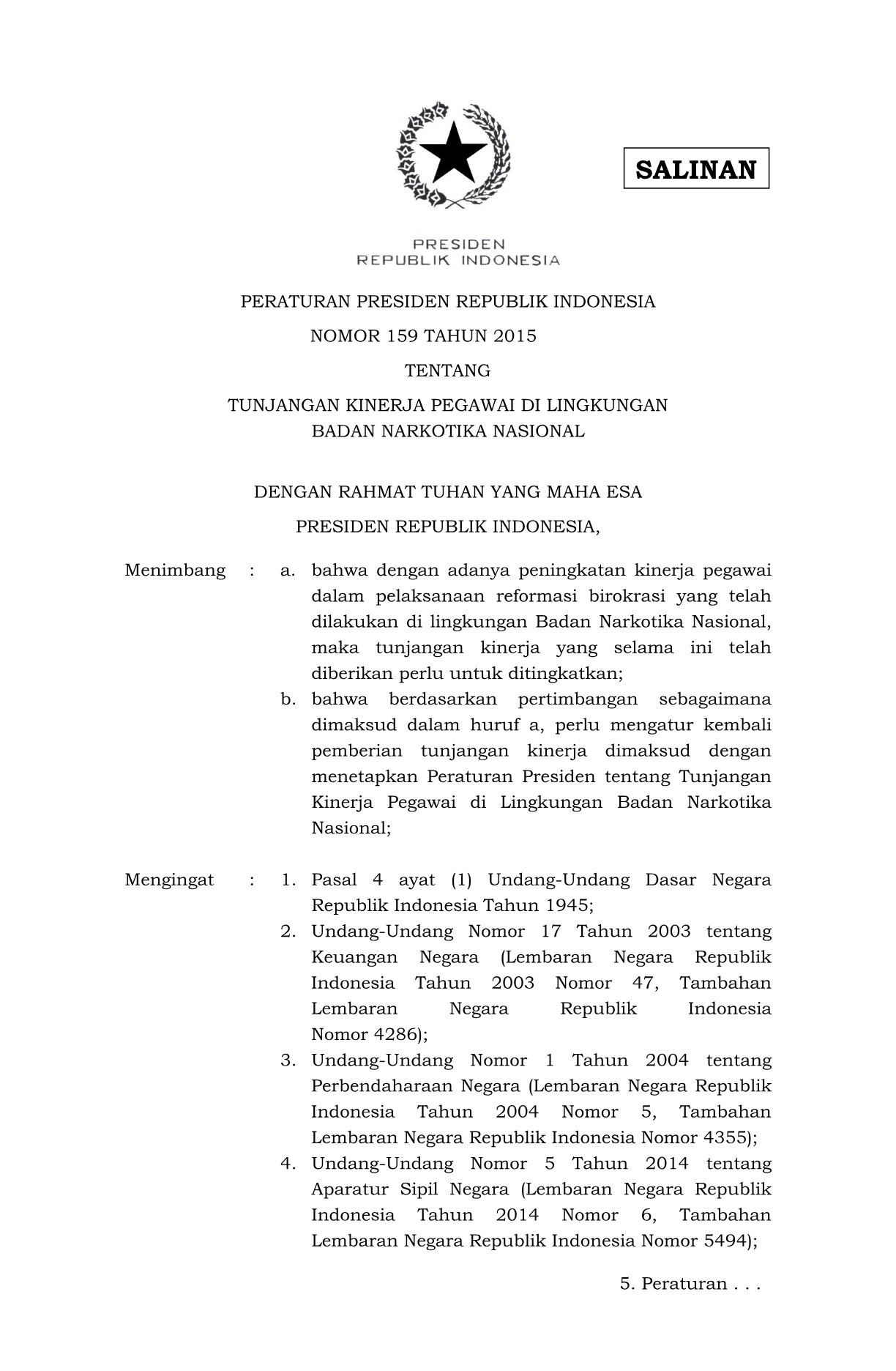 Peraturan Presiden Nomor 159 Tahun 2015