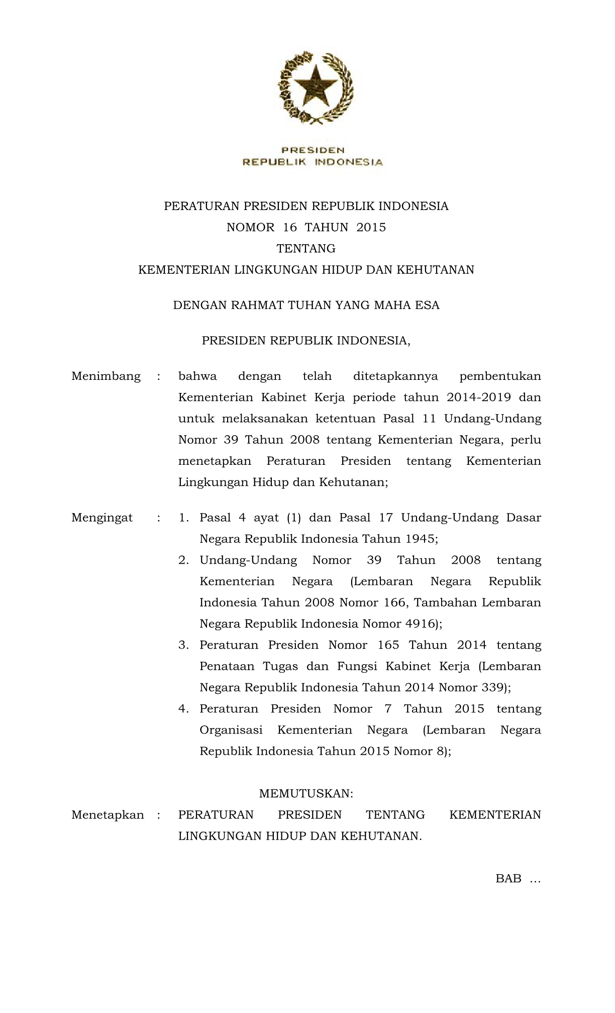 Peraturan Presiden Nomor 16 Tahun 2015