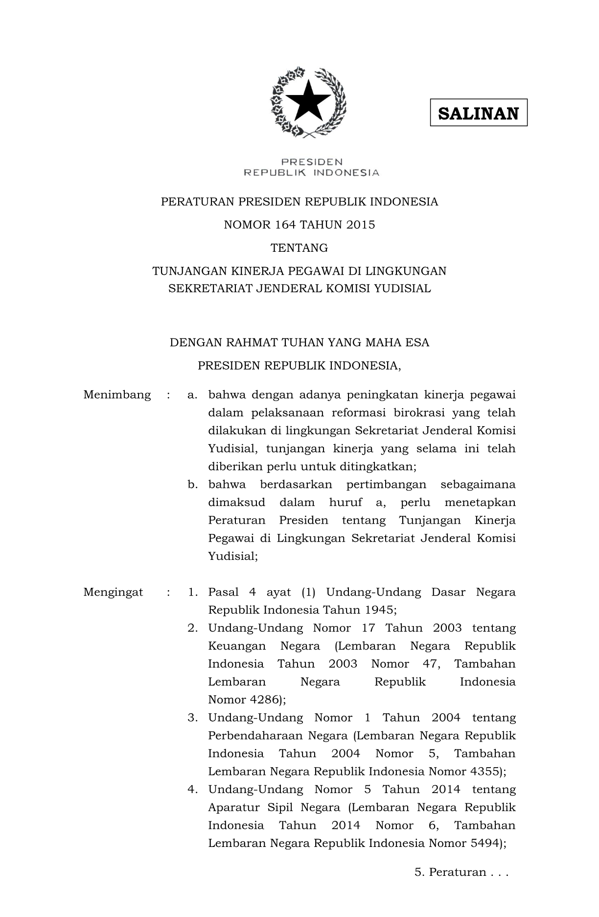 Peraturan Presiden Nomor 164 Tahun 2015