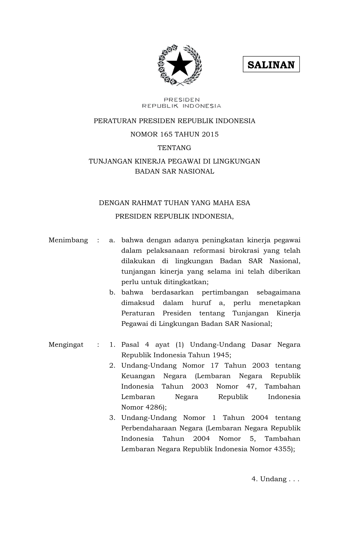 Peraturan Presiden Nomor 165 Tahun 2015