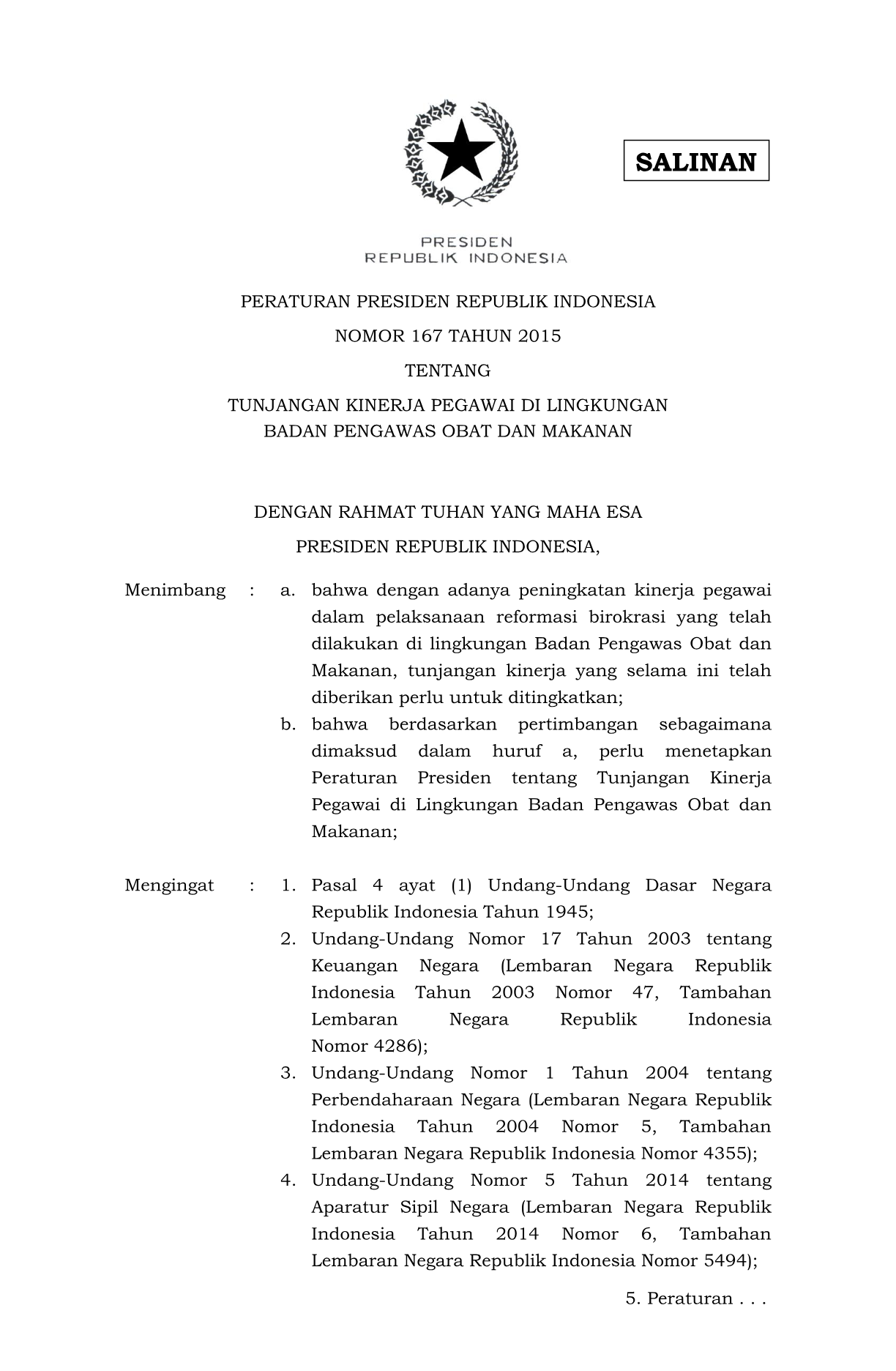 Peraturan Presiden Nomor 167 Tahun 2015