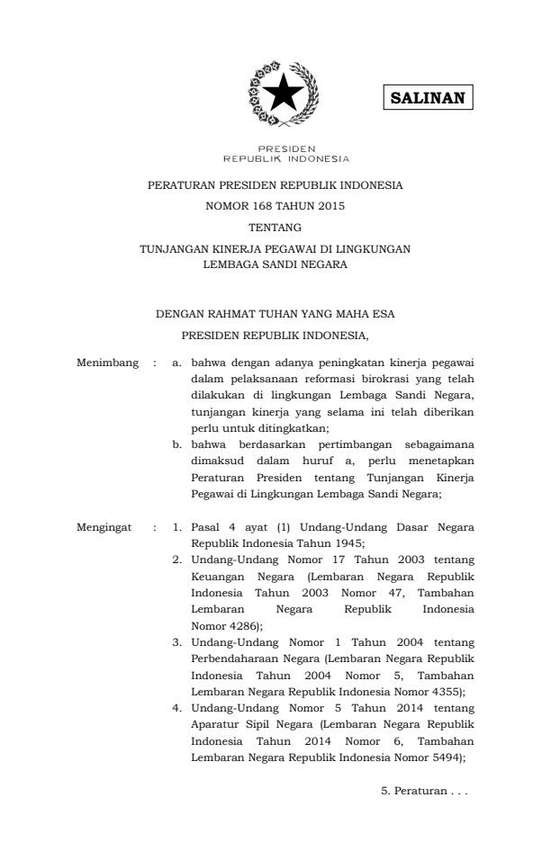 Peraturan Presiden Nomor 168 Tahun 2015