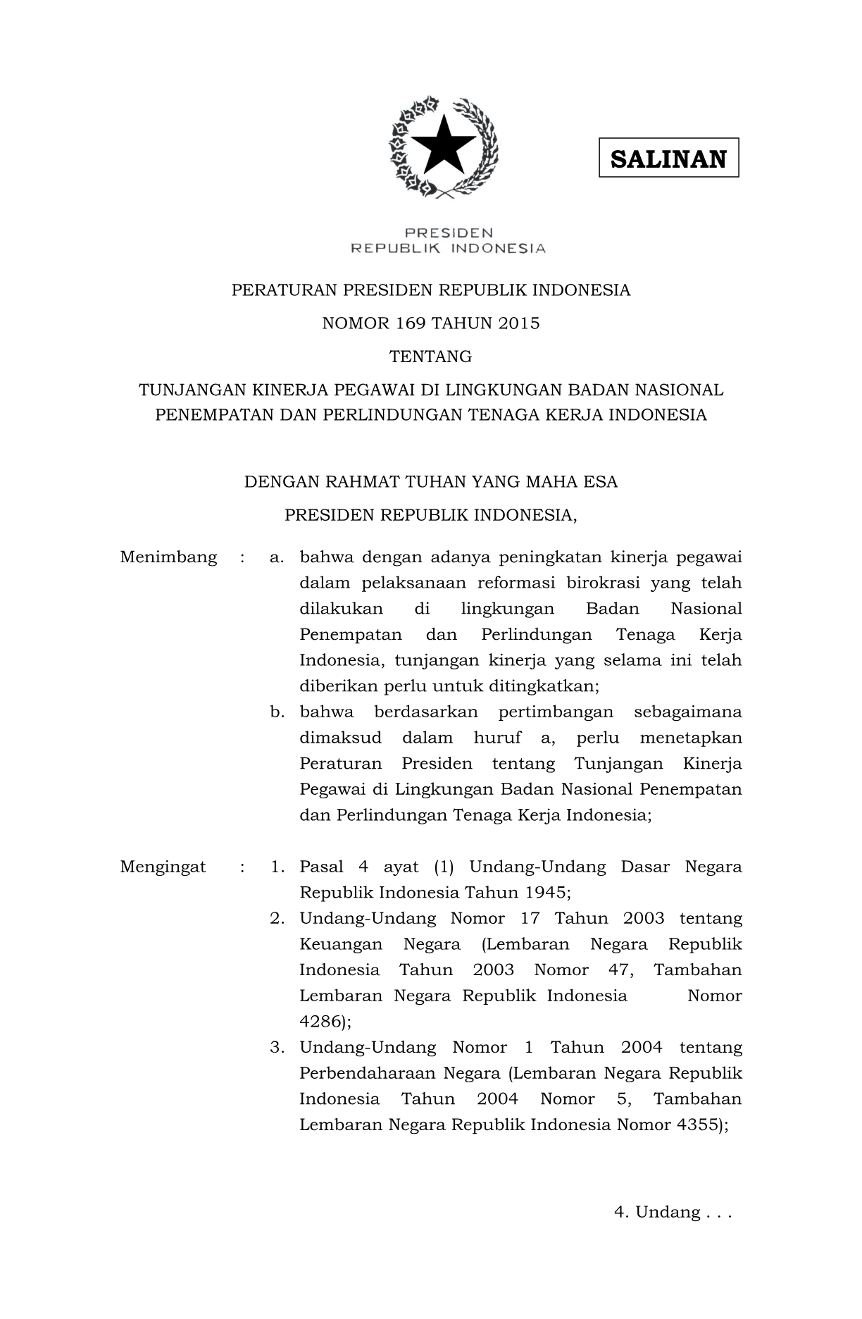 Peraturan Presiden Nomor 169 Tahun 2015