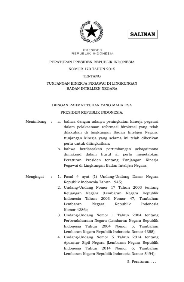 Peraturan Presiden Nomor 170 Tahun 2015