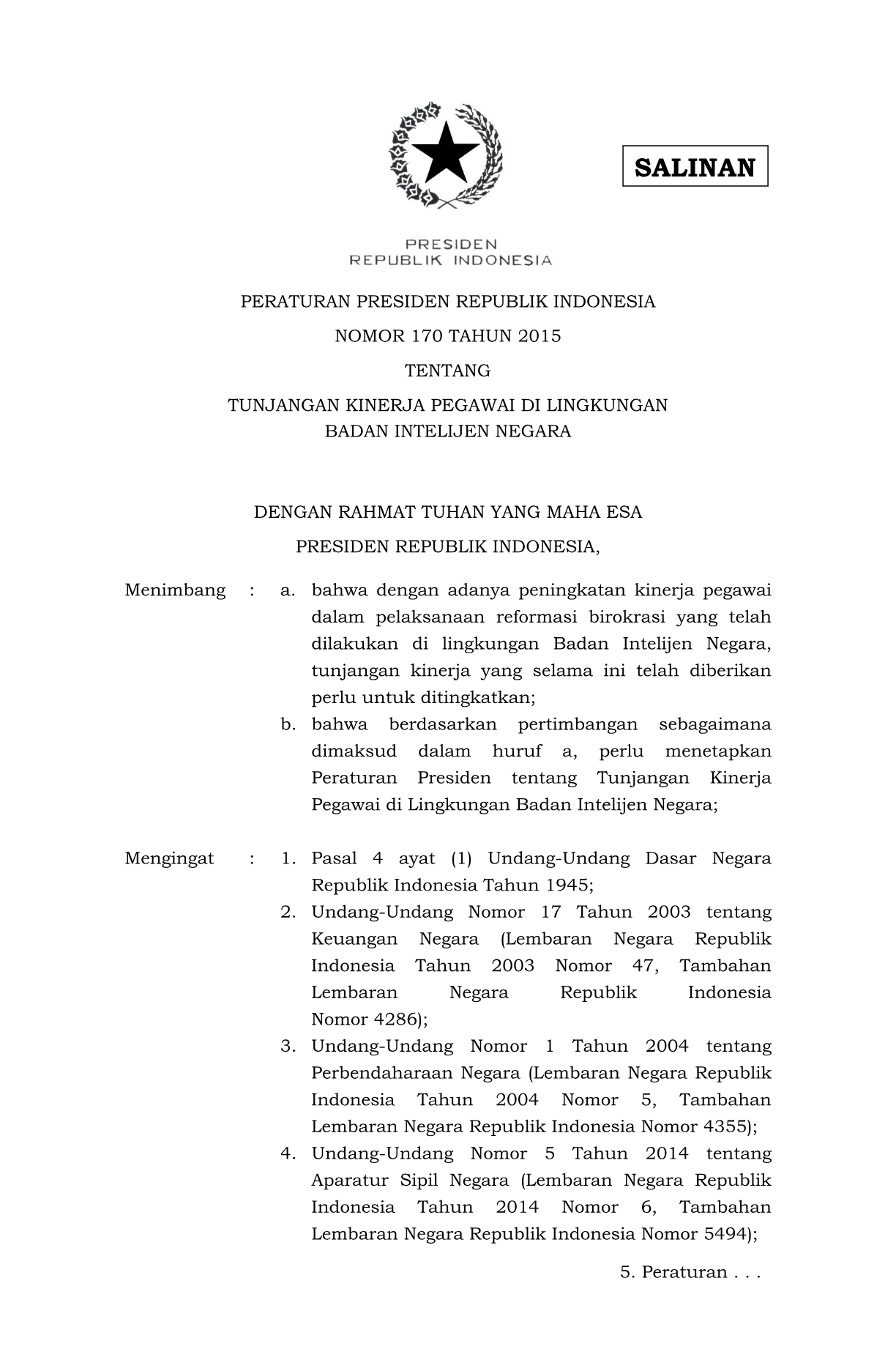Peraturan Presiden Nomor 170 Tahun 2015