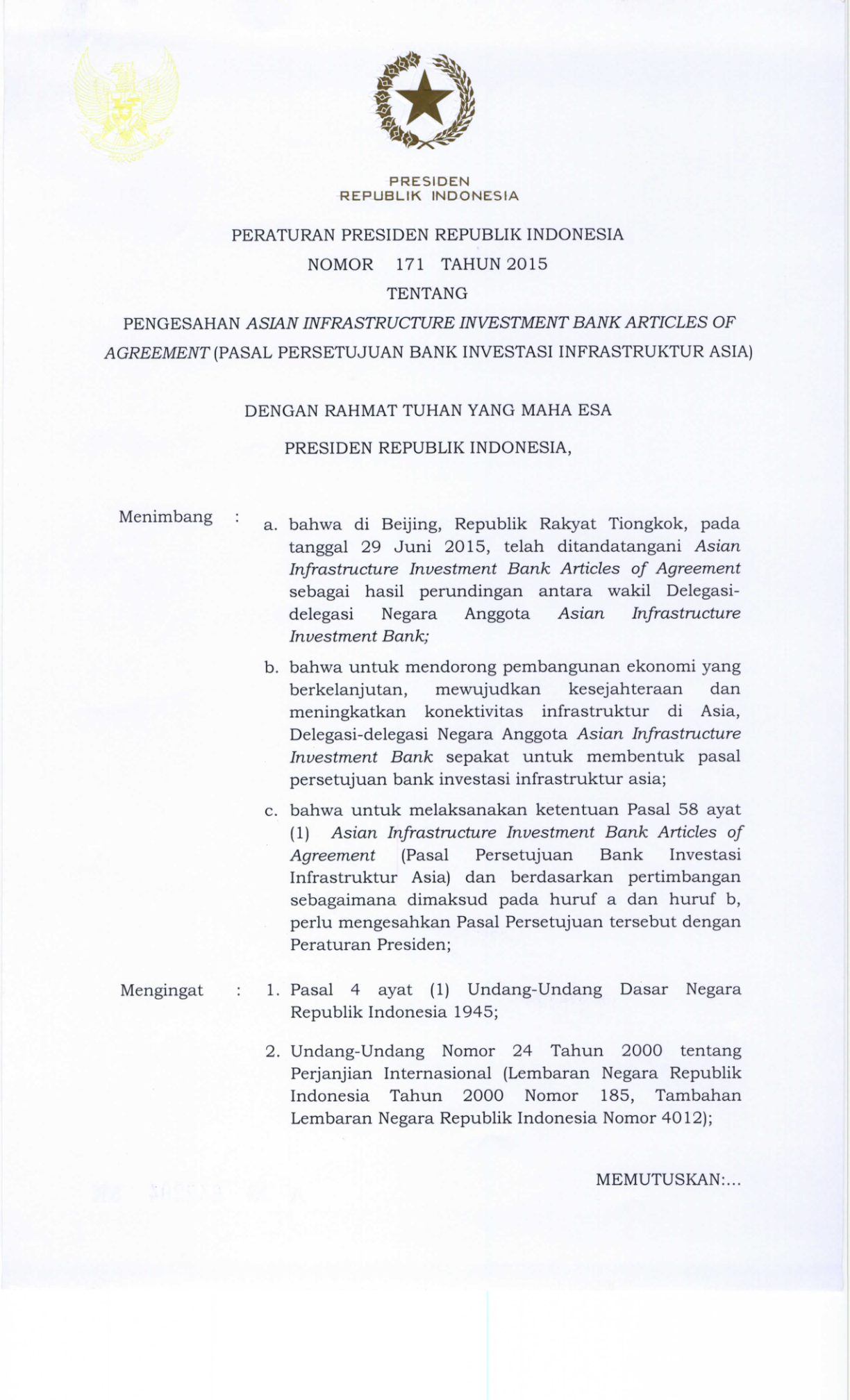 Peraturan Presiden Nomor 171 Tahun 2015