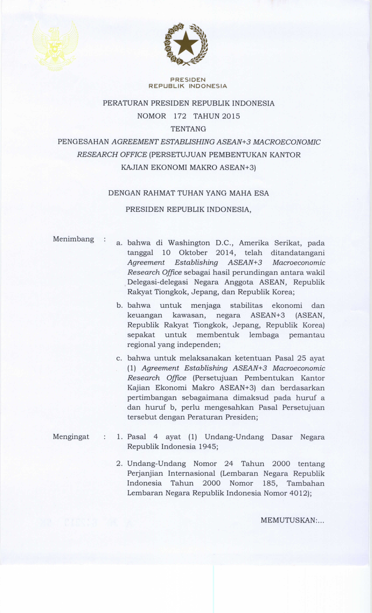 Peraturan Presiden Nomor 172 Tahun 2015