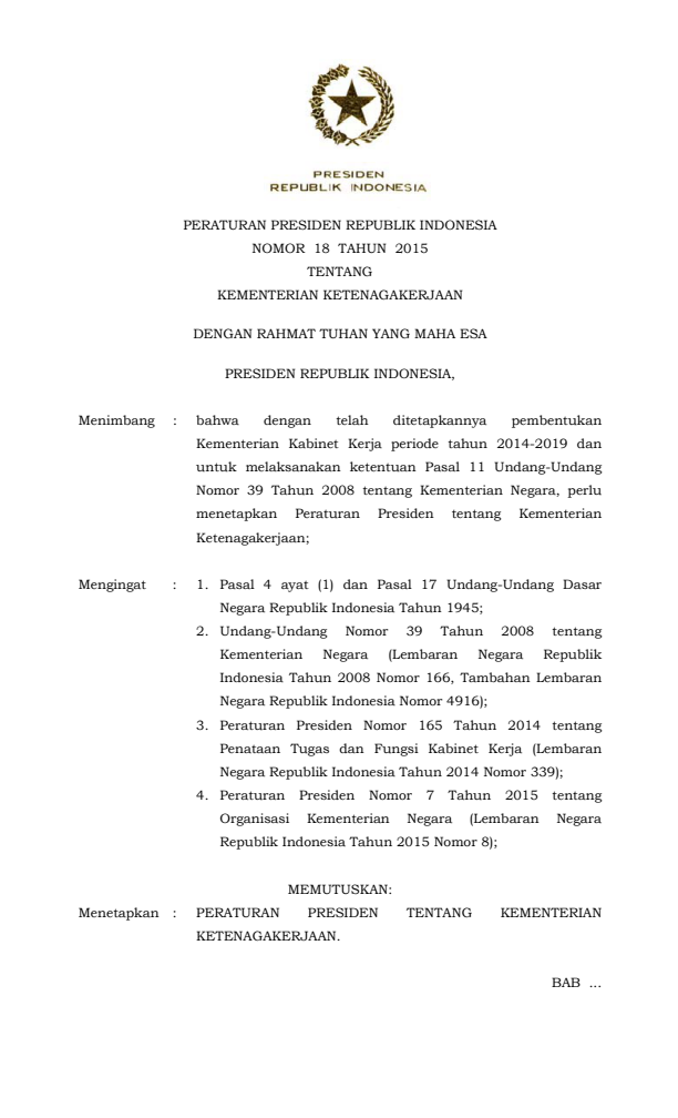 Peraturan Presiden Nomor 18 Tahun 2015