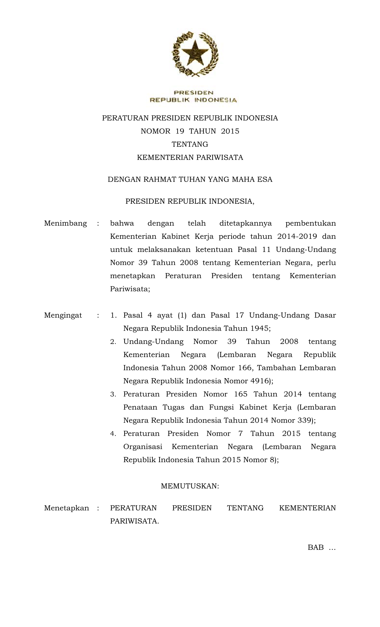 Peraturan Presiden Nomor 19 Tahun 2015