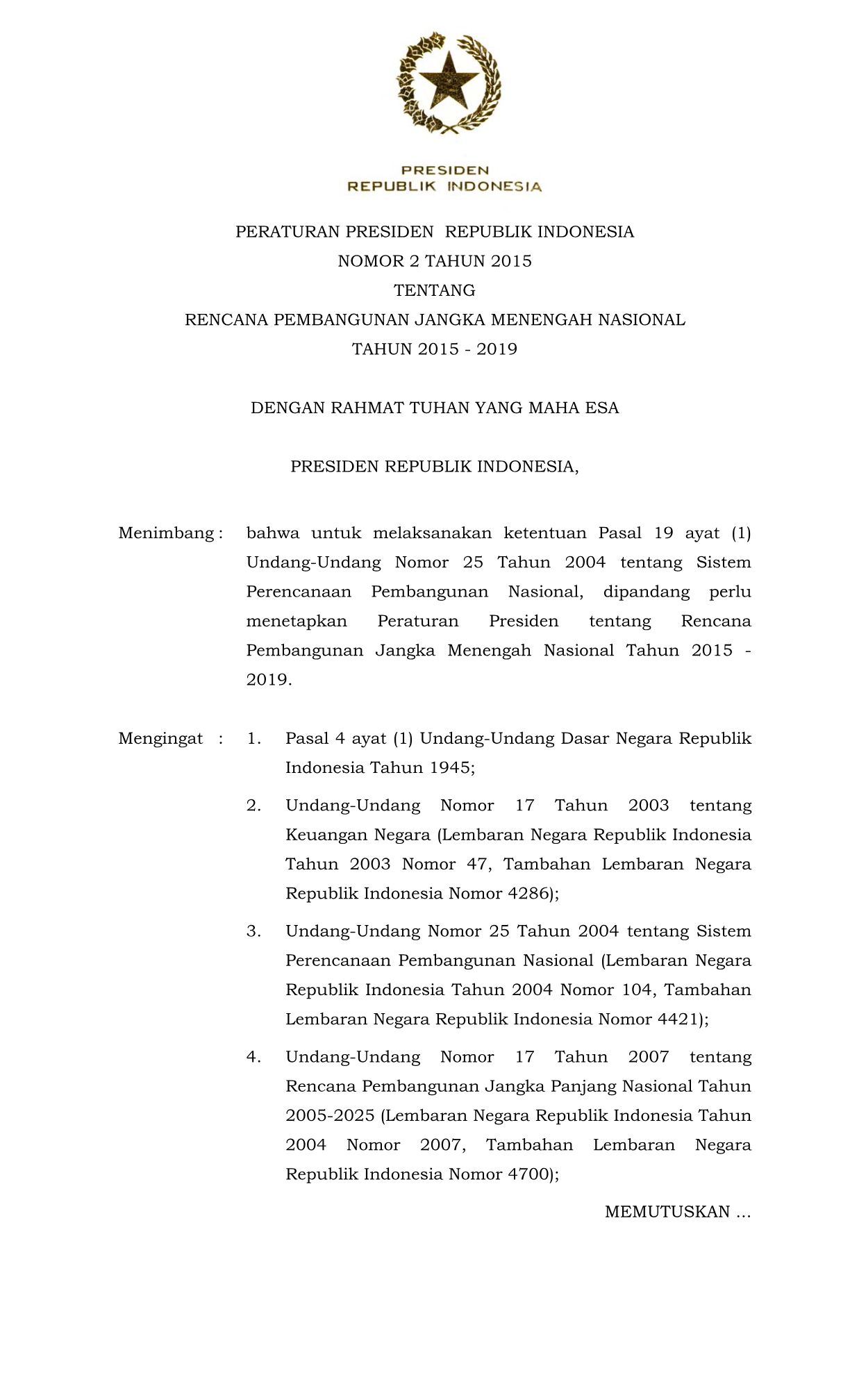 Peraturan Presiden Nomor 2 Tahun 2015