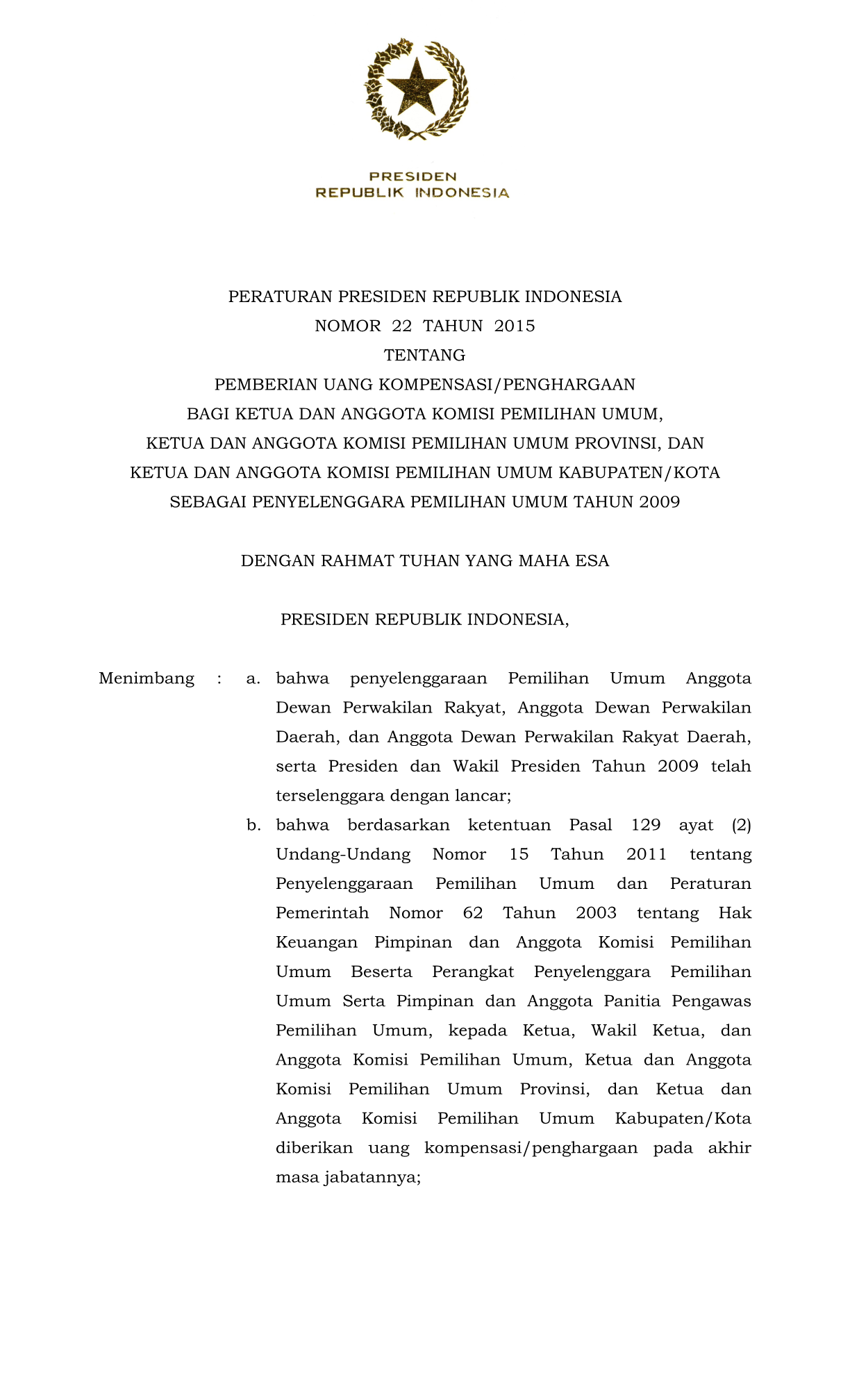 Peraturan Presiden Nomor 22 Tahun 2015