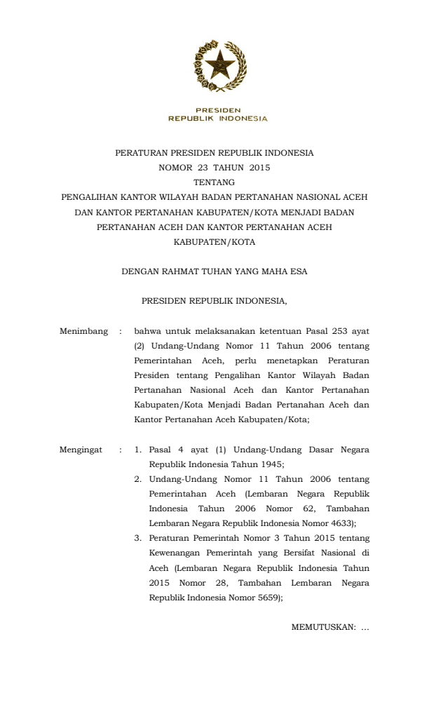 Peraturan Presiden Nomor 23 Tahun 2015