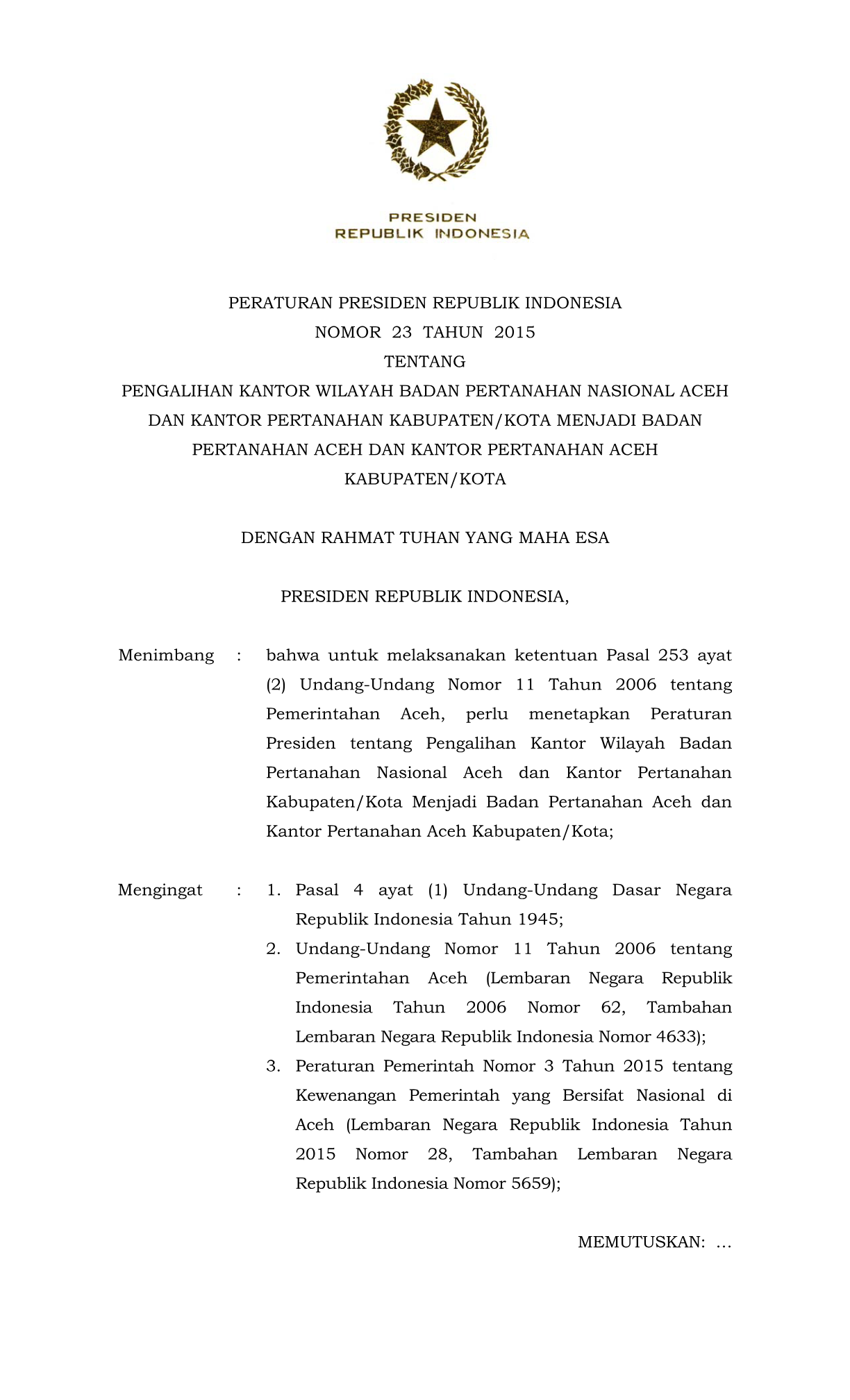 Peraturan Presiden Nomor 23 Tahun 2015