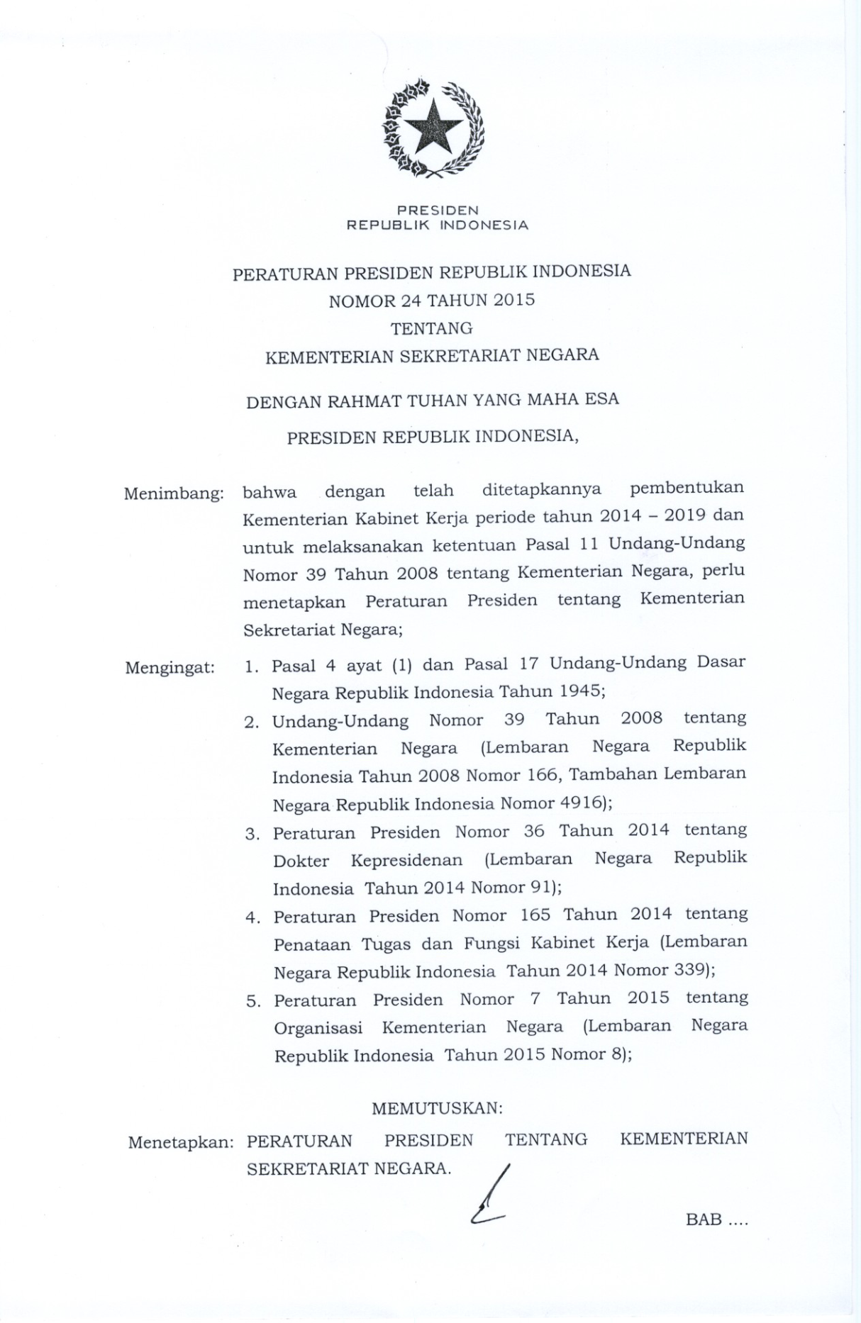 Peraturan Presiden Nomor 24 Tahun 2015