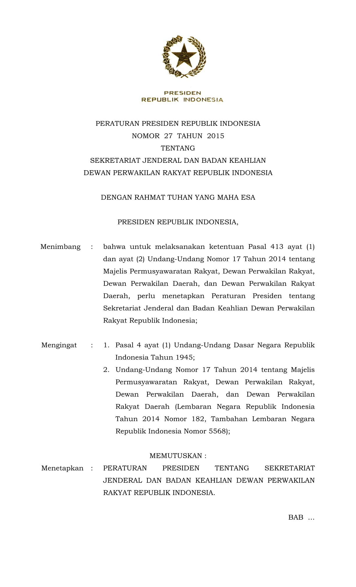 Peraturan Presiden Nomor 27 Tahun 2015