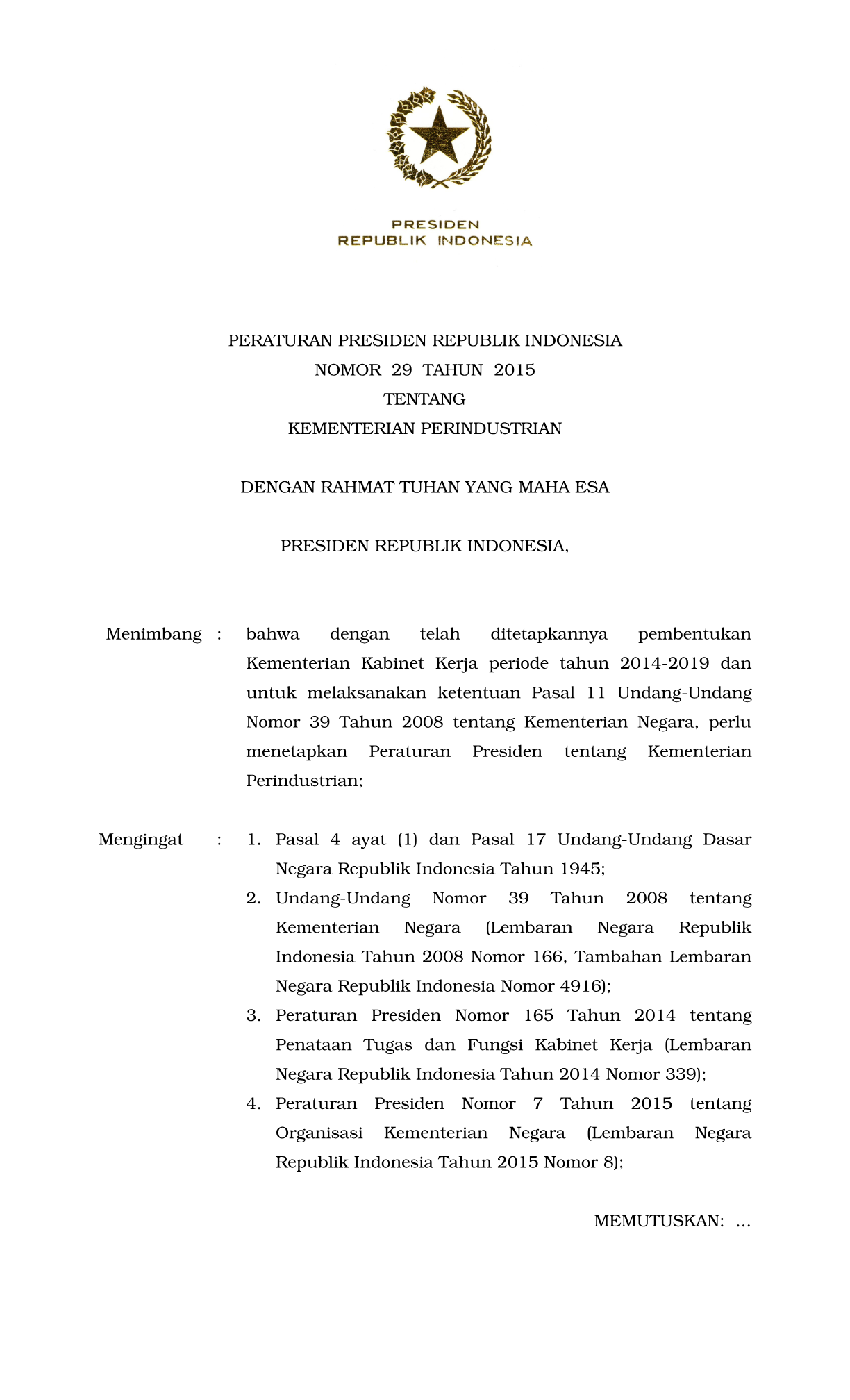 Peraturan Presiden Nomor 29 Tahun 2015