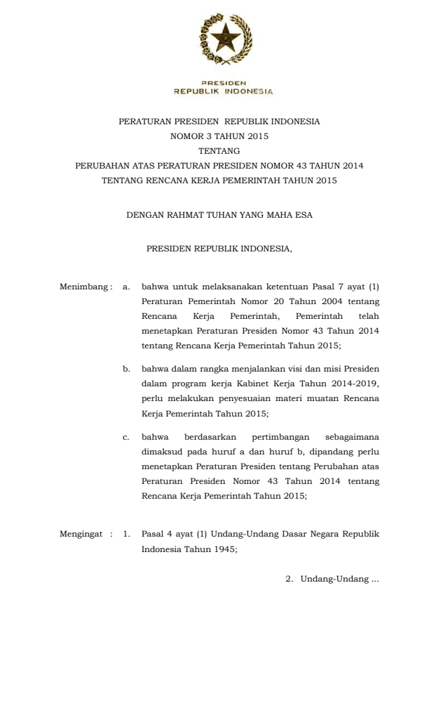 Peraturan Presiden Nomor 3 Tahun 2015